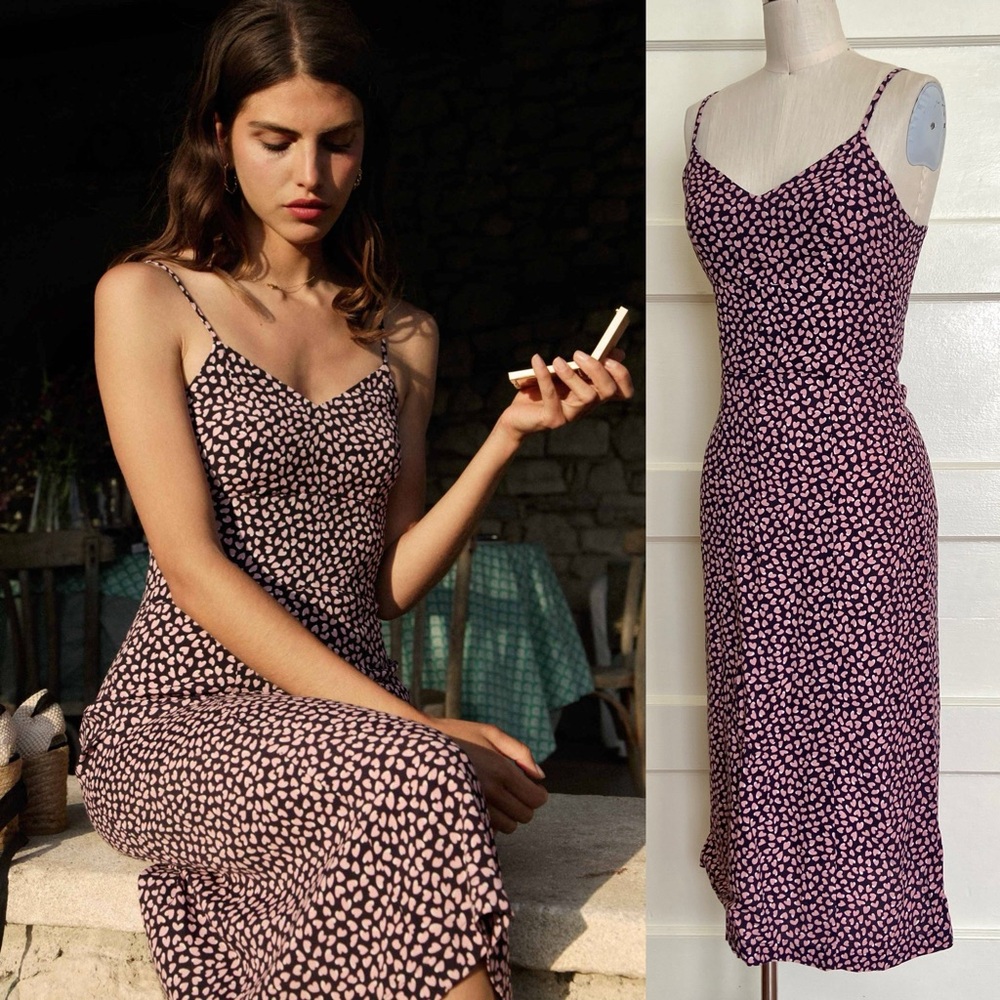 $250 Rouje Chantal Heart Print Spaghetti Strap Slip Dress
